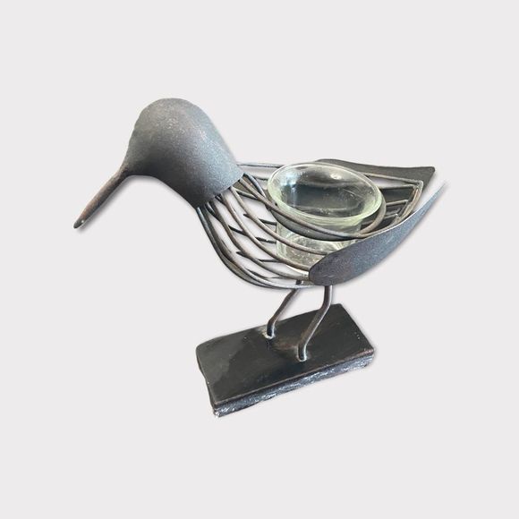 WROUGHT Iron Bird Tea Light Holder with Wood Stand - Picture 2 of 4
